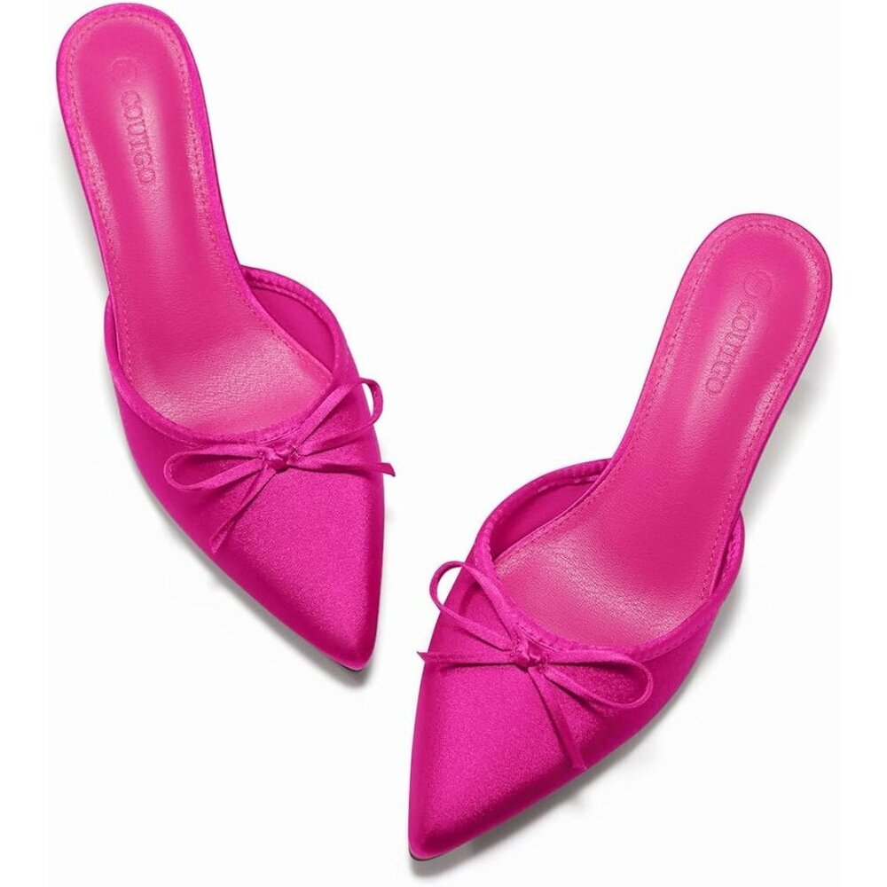 Women's Pink Kitten Heels Mules with Bow Satin Slip on Pumps Pointed Toe - Picture 5 of 6